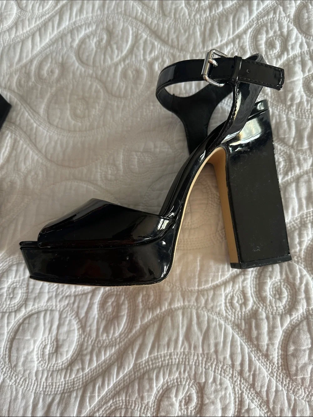Women's Black Patent Platform Sandals with Block Heel